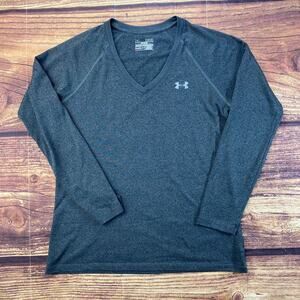 Under Armour HeatGear Women's Gray V-Neck Long Sleeve Top active Wear Sz M